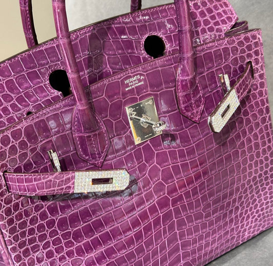 Hermès Birkin 30 Violet Shiny Porosus Crocodile White Gold Diamond Hardware