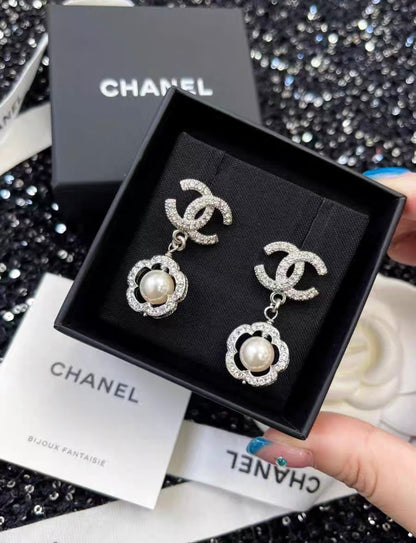 Chanel 20P Double C Full Diamond Camellia Pearl Earrings