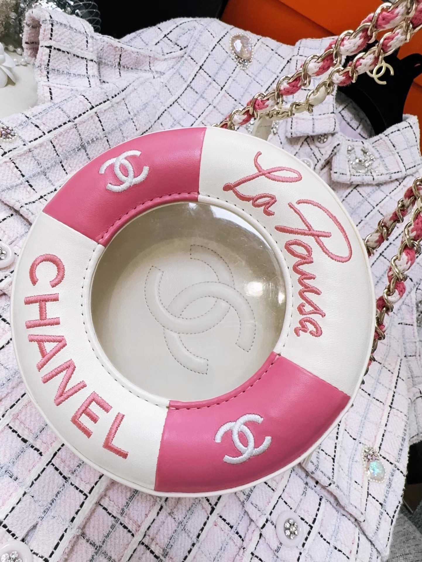 Chanel 19C Pink/White Lambskin Leather Coco Lifesaver Small Round
