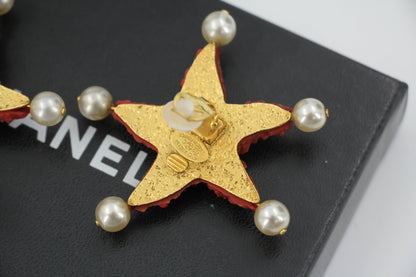 Chanel 93C Red Lava Imitation Pearls Gold Plated CC Starfish Earrings