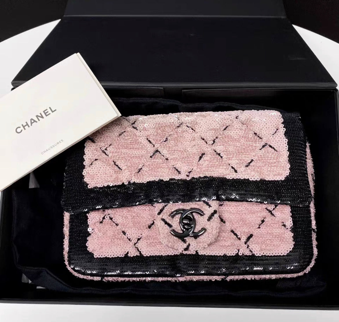 Chanel 24P Small Flap Bag Sequins & Black Metal, Pink & Black