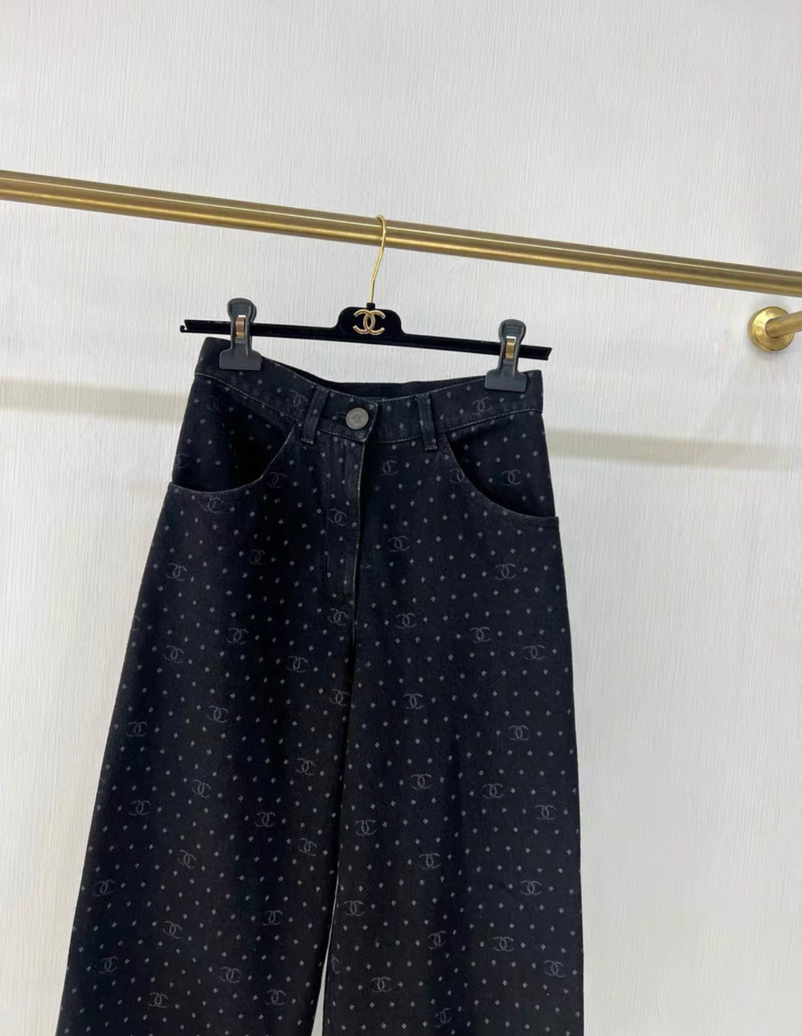 Chanel 23p popular black polka-dot denim wide-leg pants in size 34