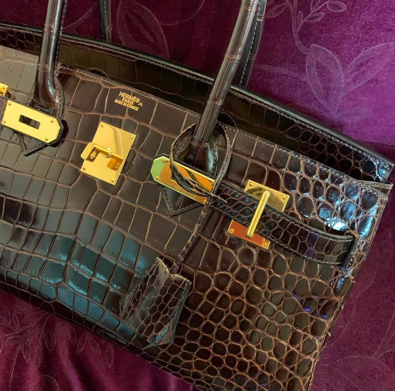 Rare Hermes Birkin shoulder JPG Brown shiny porosus crocodile gold hardware