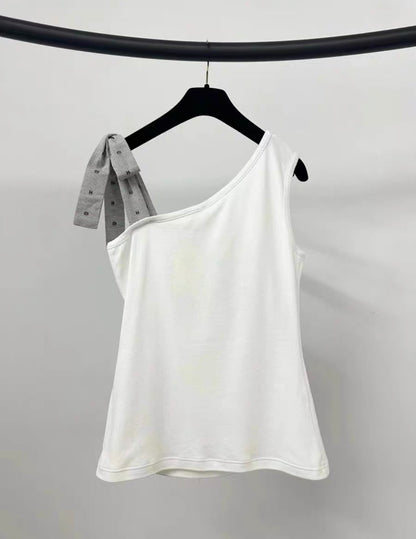 Chanel 24P BOW Top Knit Cotton White Black HUGE CRYSTAL PEARL CC LOGO