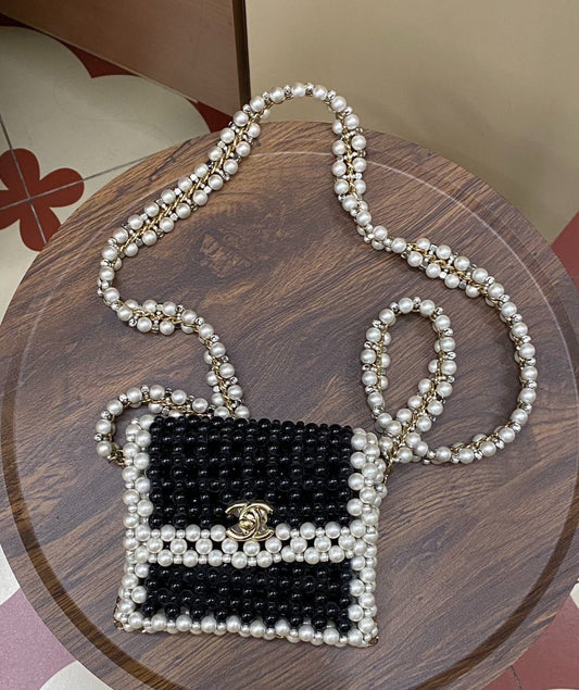 CHANEL BLACK & WHITE FAUX PEARLS MEDIUM FLAP EVENING BAG