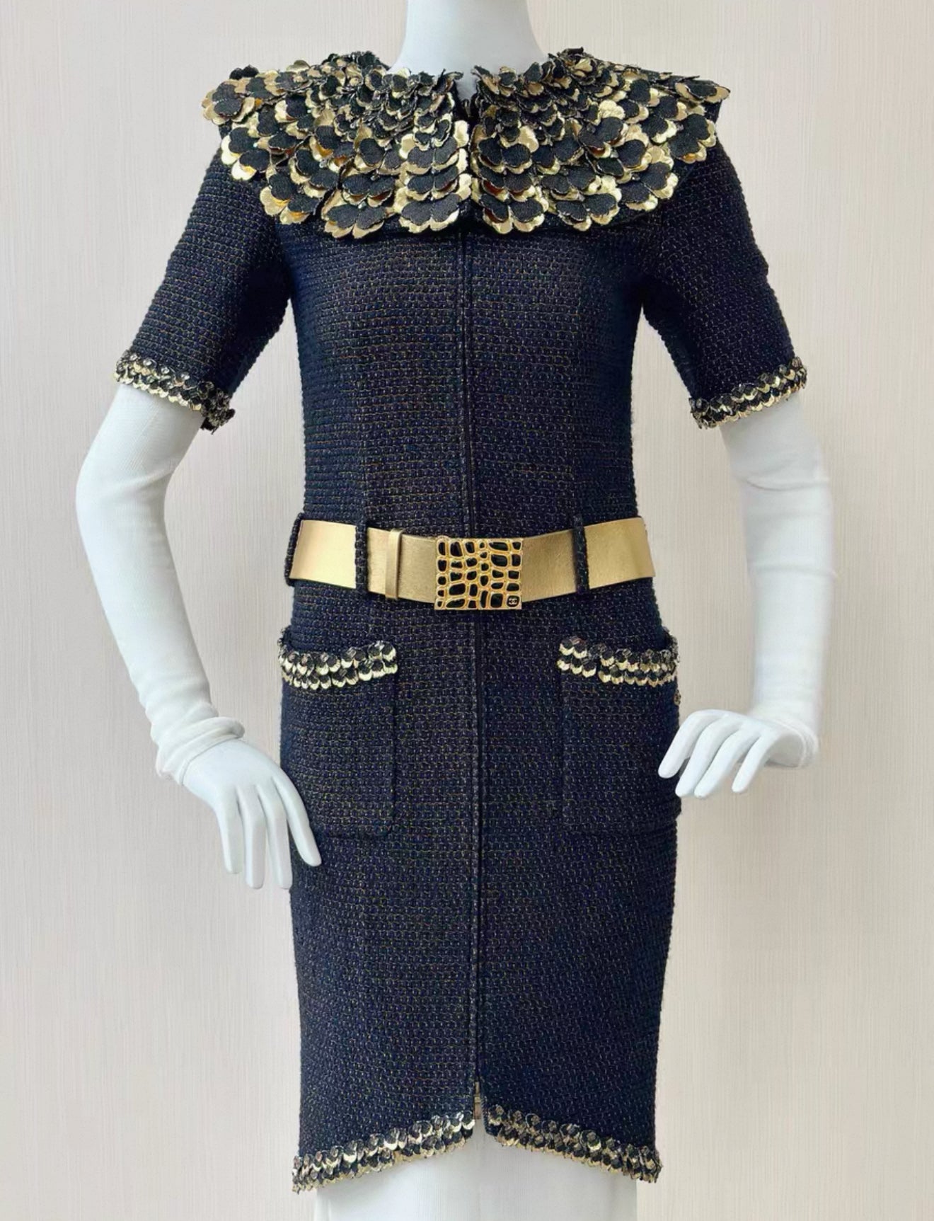 Chanel 19A Navy Blue & gold Embroidered Tweed dress