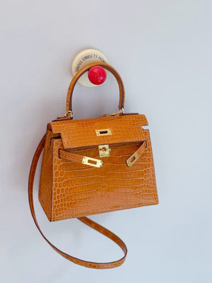 Rare Vintage - Hermes Mini Kelly Orange shiny crocodile leather gold hardware
