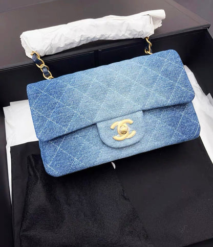 CHANEL 24S MINI RECTANGULAR DENIM BLUE FLAP BAG GOLD HARDWARE