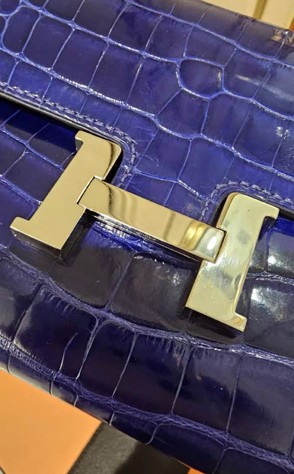 Hermes Constance Shiny Blue Wallet Alligator Long Palladium Hardware