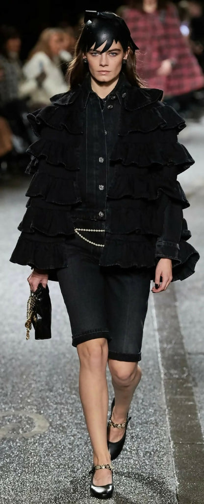 Rare Chanel 24A Paris Manchester Runway Black Denim Coat Jacket Cape FR 36