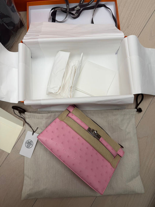 Hermès Kelly pochette 5P Pink bubblegum Ostrich Leather palladium hardware