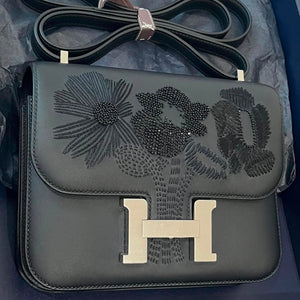 Hermes Constance 18 Dancing Flower Black Embroidered Swift Palladium Hardware