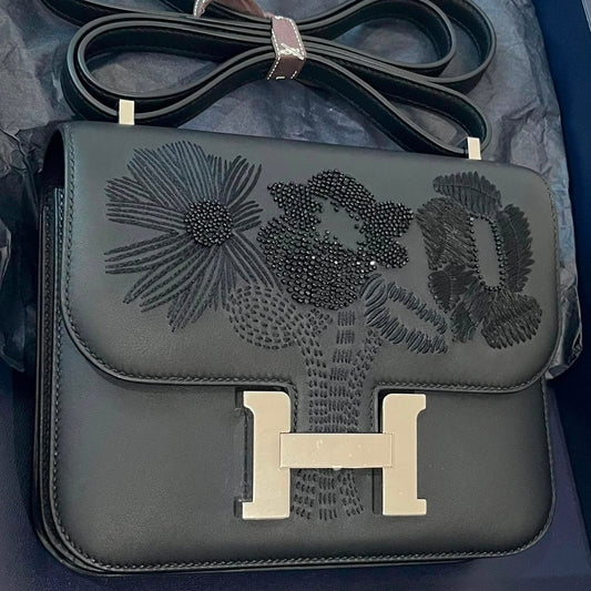 Hermes Constance 18 Dancing Flower Black Embroidered Swift Palladium Hardware