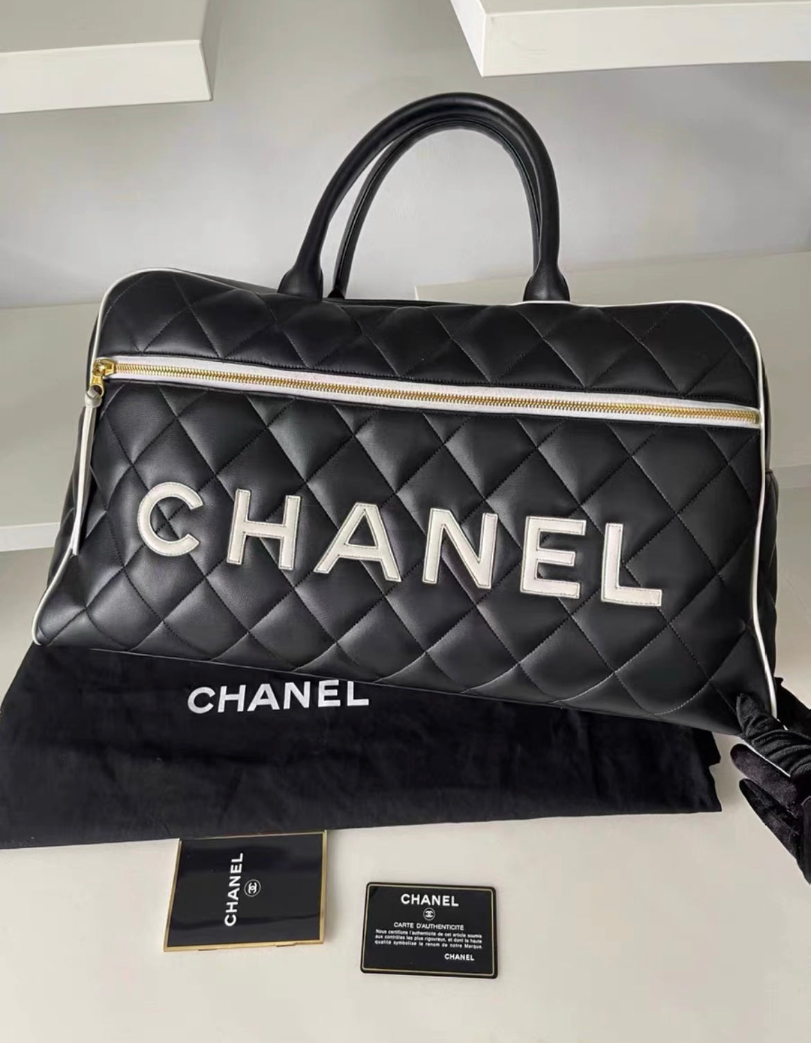 Chanel Logo Letters Vintage Quilted Duffel Bag Travel Tote