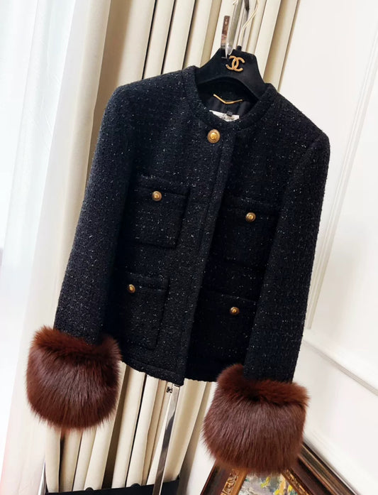 Saint Laurent Black Tweed & Fur Jacket