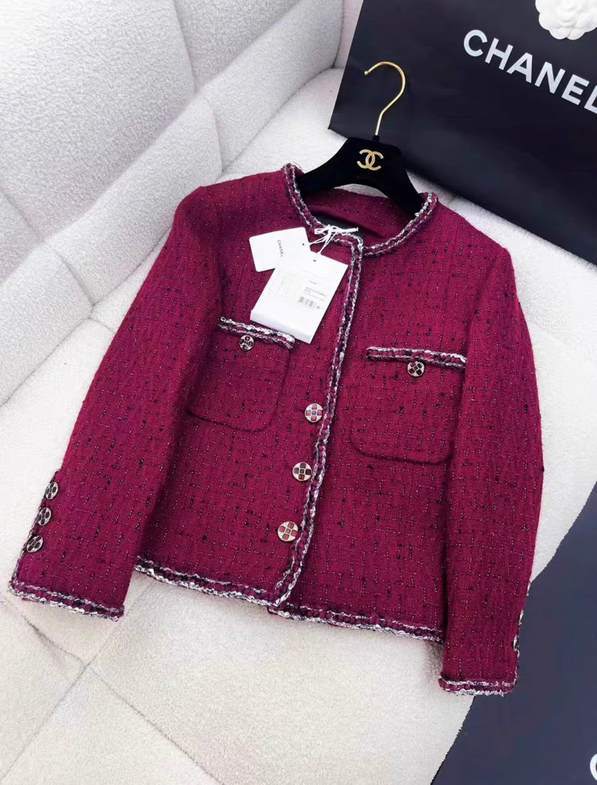 Chanel 22A Burgundy, Black & White Tweed Jacket size 36