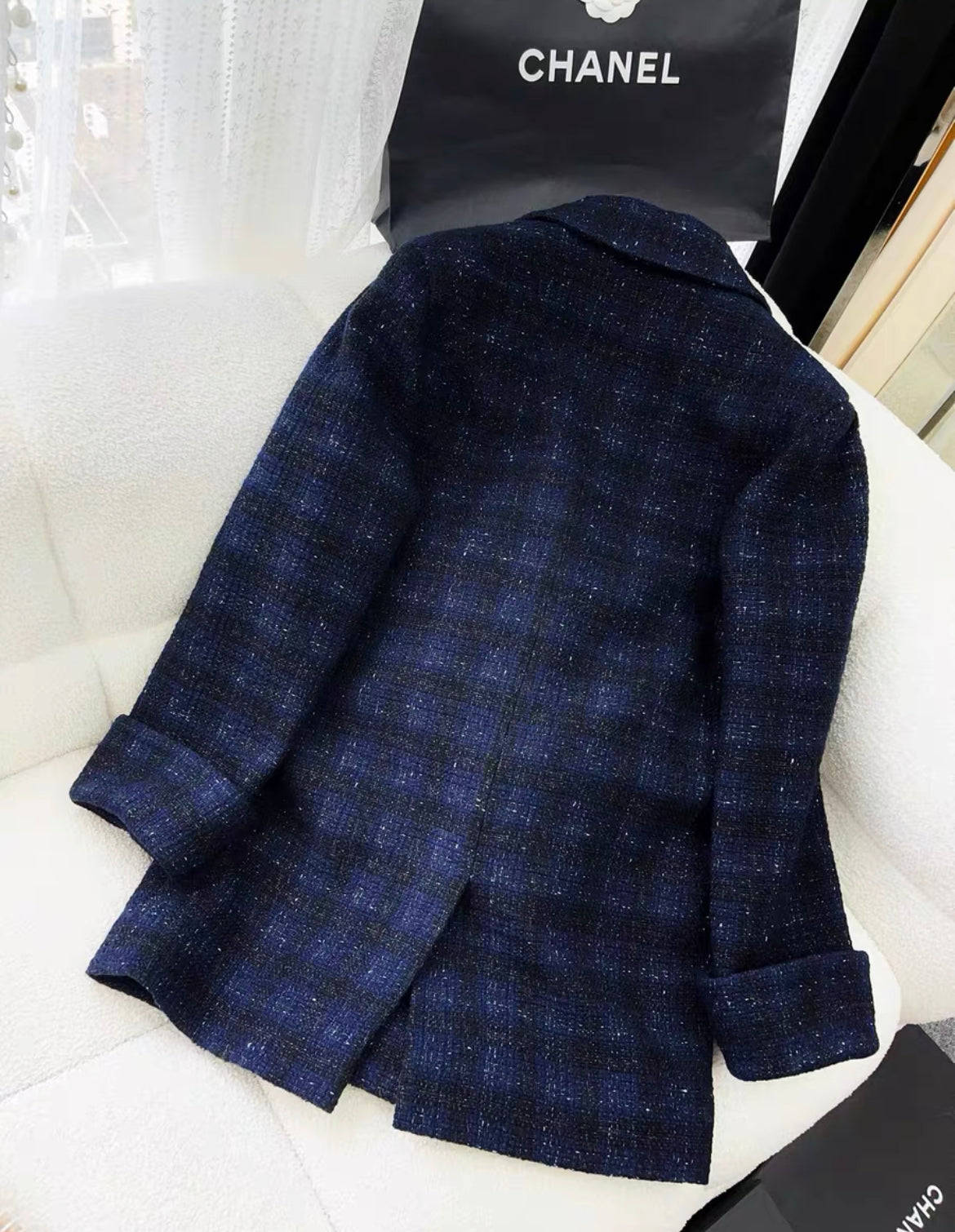 Chanel 24A CABAN Iridescent Wool Tweed Navy Blue, Black & White
