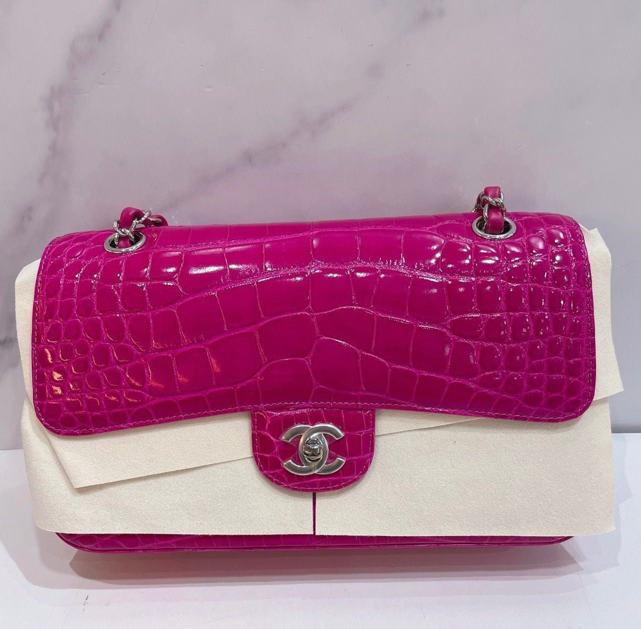 Chanel pink alligator leather medium flag silver hardware