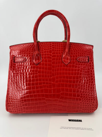Hermès Birkin 30 Red Shiny Crocodile Leather 18k White Gold & diamond hardware