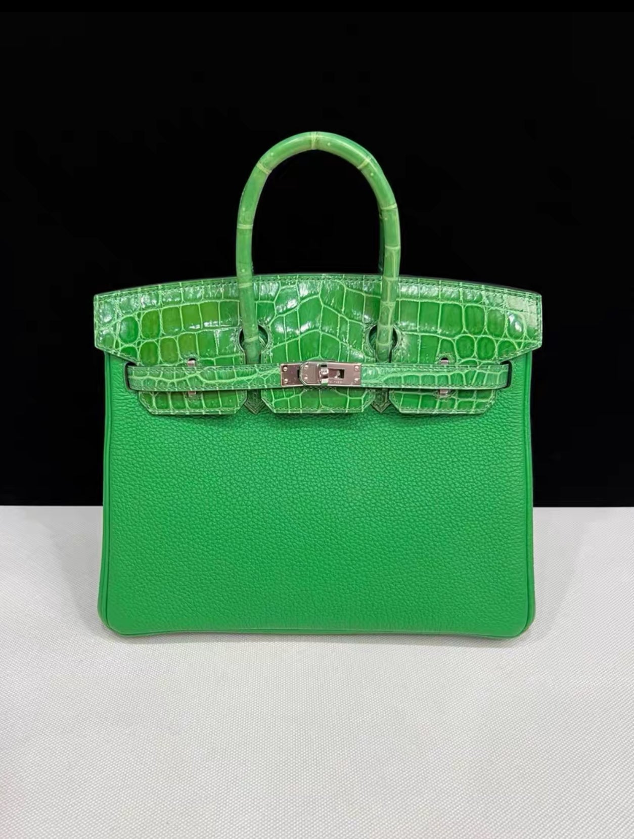 HERMÈS Birkin 25 Touch Bamboo Togo Shiny Crocodile Palladium hardware