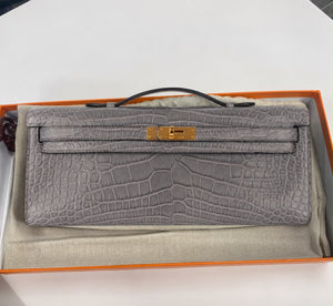 Rare Hermes Kelly Cut Gris Paris Matte Alligator Gold Hardware