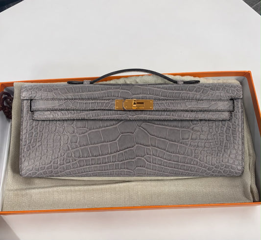Rare Hermes Kelly Cut Gris Paris Matte Alligator Gold Hardware