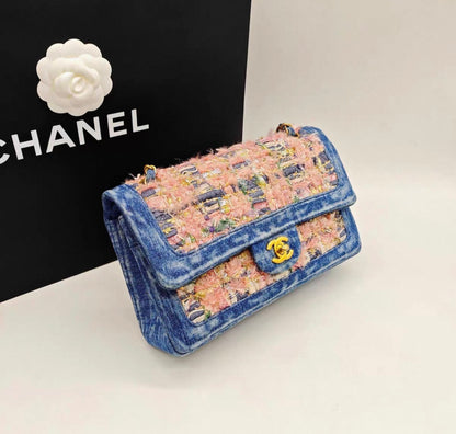 Chanel 2016 runway limited edition CF medium size in pink tweed and blue denim