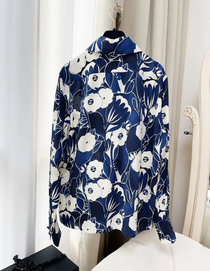 Chanel 22B Blue White Camellia Silk Shirt