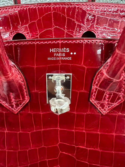 Rare* Hermès Birkin 25 Ferrari Red shiny alligator leather palladium hardware