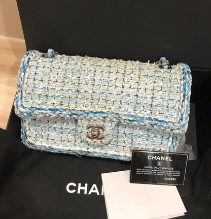 Chanel Classic Double Flap Bag Bleu Braided Quilted Tweed Medium