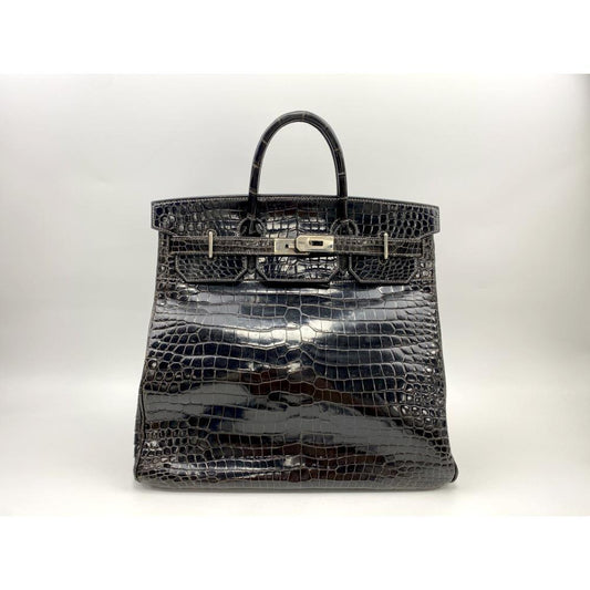 HERMÈS 40 HAC BLACK SHINY POROSUS CROCODILE PALLADIUM HARDWARE