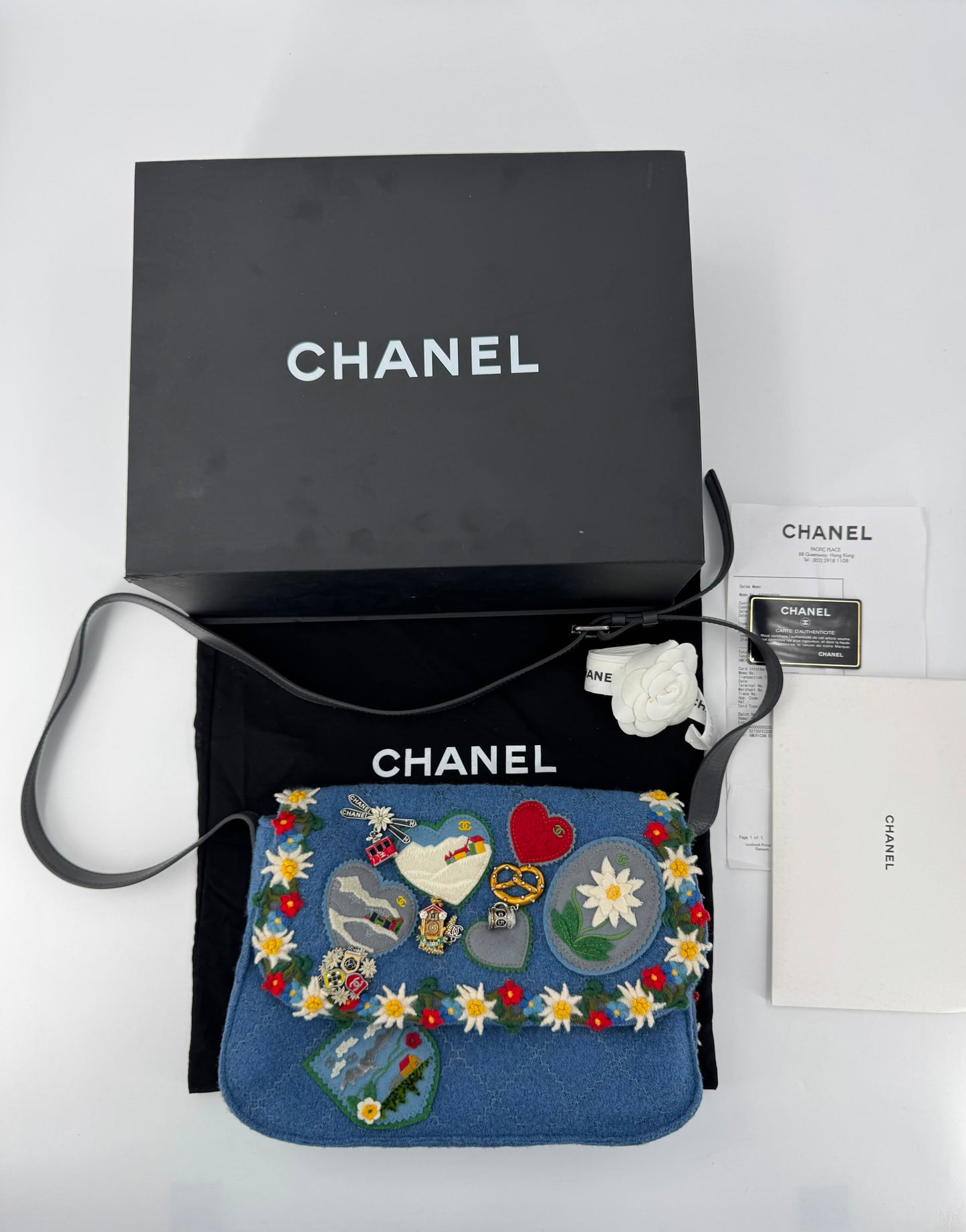Limited edition Chanel 2015 Blue Fabric Paris-Salzburg Crest Austrian Embroidered Messenger Bag
