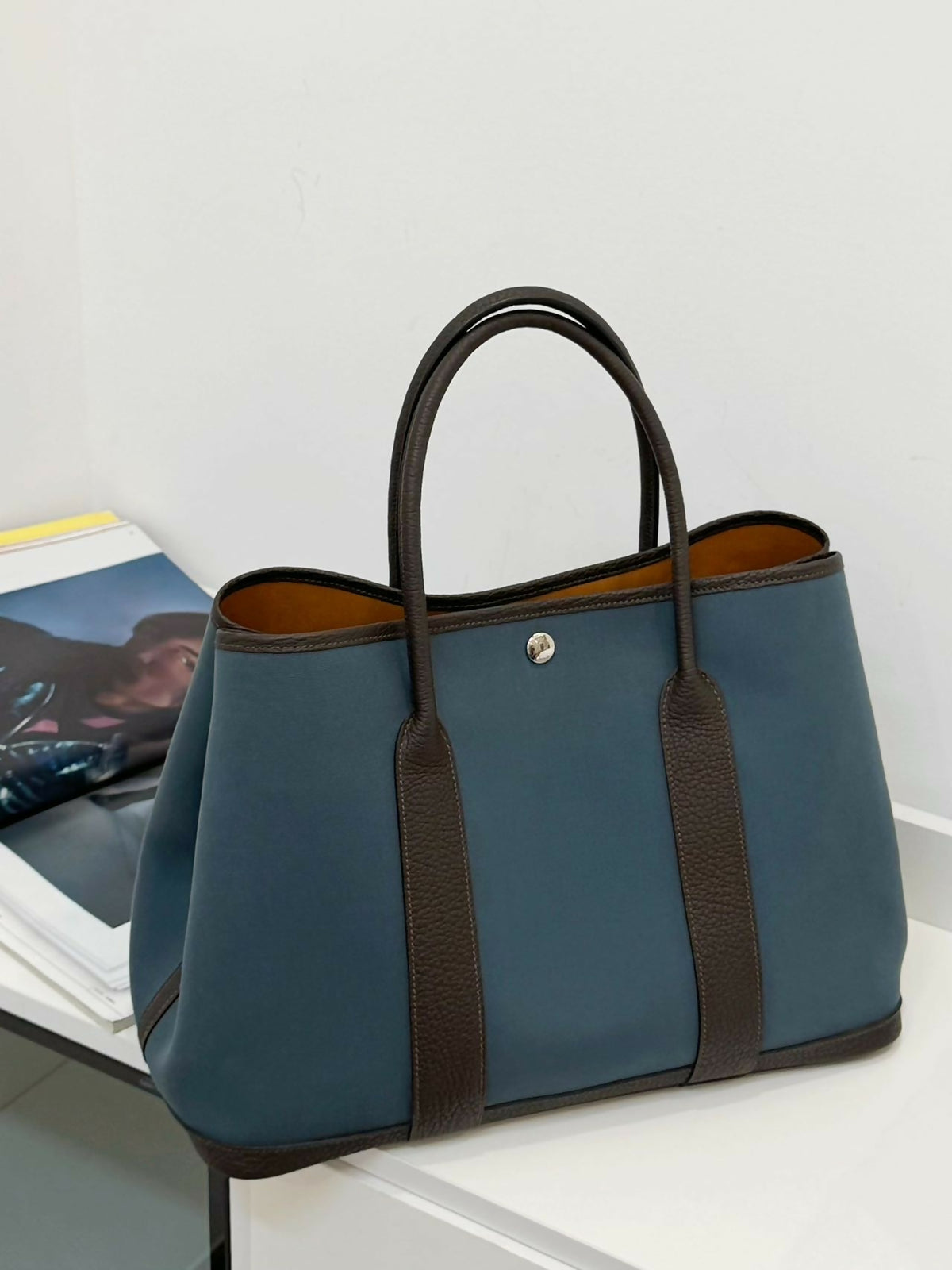 Hermès Garden Party 36 Bleu Turquoise Canvas with Gold Brown Leather Interior & Trim
