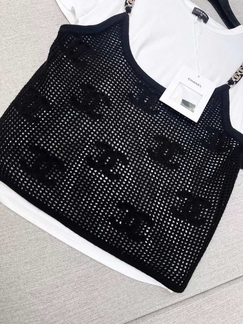 Chanel 22c black & white double C rhinestone chain top