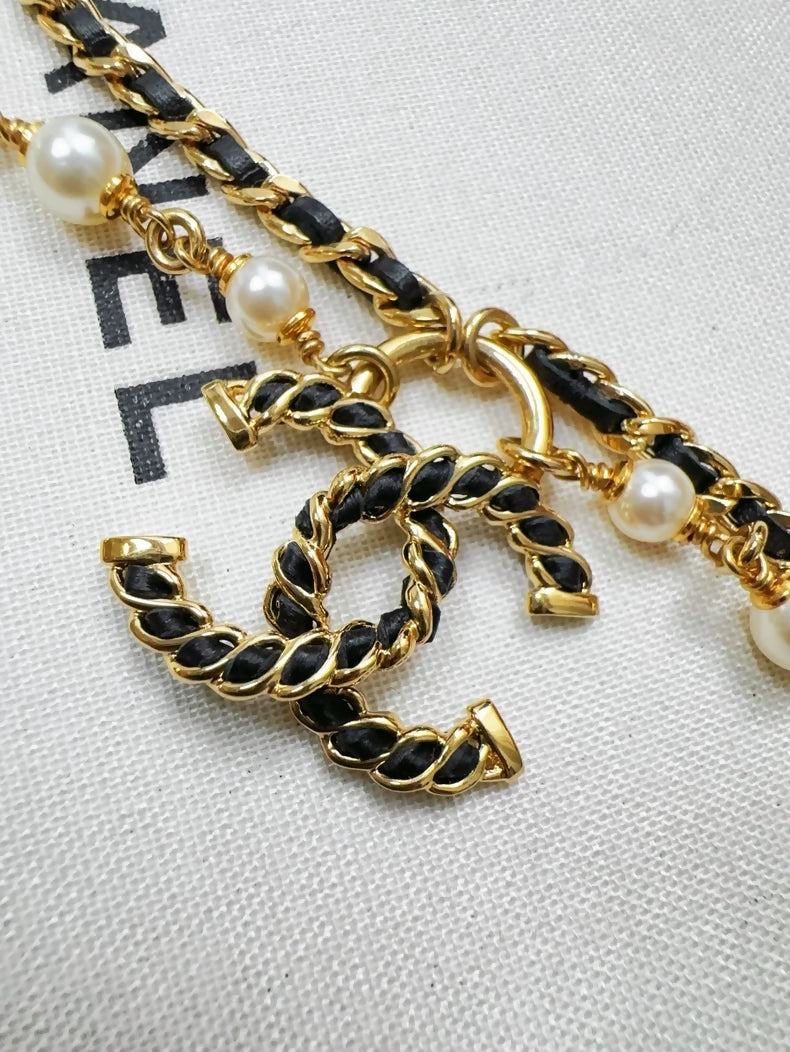 Chanel 24K gold leather chain double C pearl necklace
