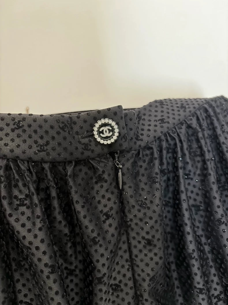Chanel 24B Black Velvet Polka Dot Double C Pleated Skirt