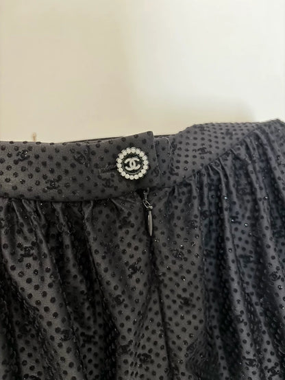 Chanel 24B Black Velvet Polka Dot Double C Pleated Skirt
