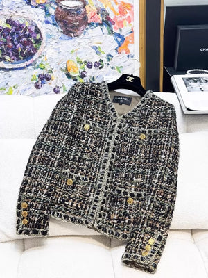 Chanel 16A multicolour tweed leather jacket with chain trim