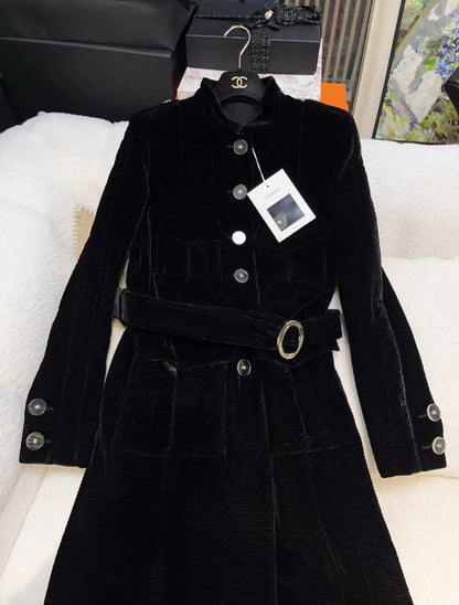 Chanel black velvet long coat