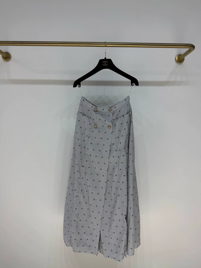 Chanel 22S grey polka dot print striped logo midi skirt