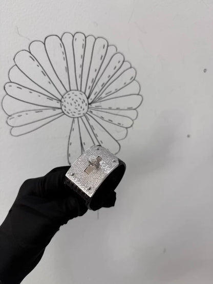 Hermes black shiny alligator leather diamond-hardware bracelet