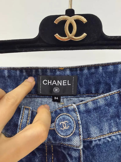 Chanel 24b heart embroidered graffiti blue straight leg jeans