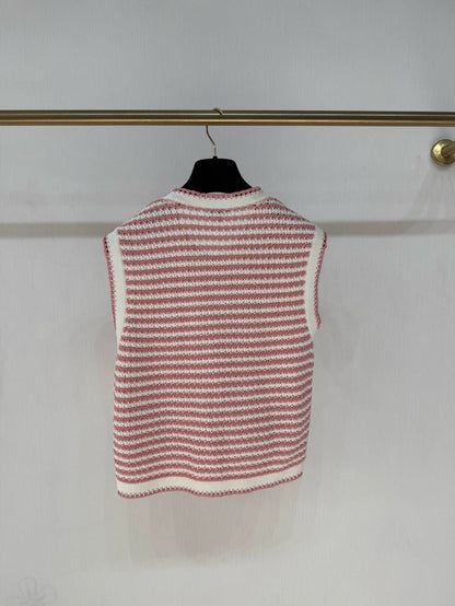 Chanel 22P Pink and White Striped Knit Cardigan