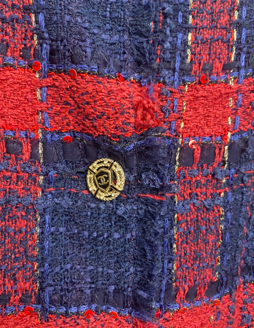 RARE CHANEL 08P RUNWAY BLUE RED GOLD CC CHAINS TWEED JACKET FR 44