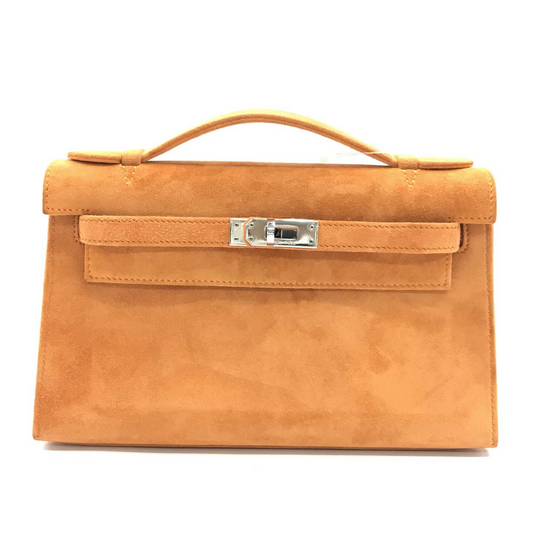 Hermes Mini Kelly Pochettes Orange Suede with palladium hardware