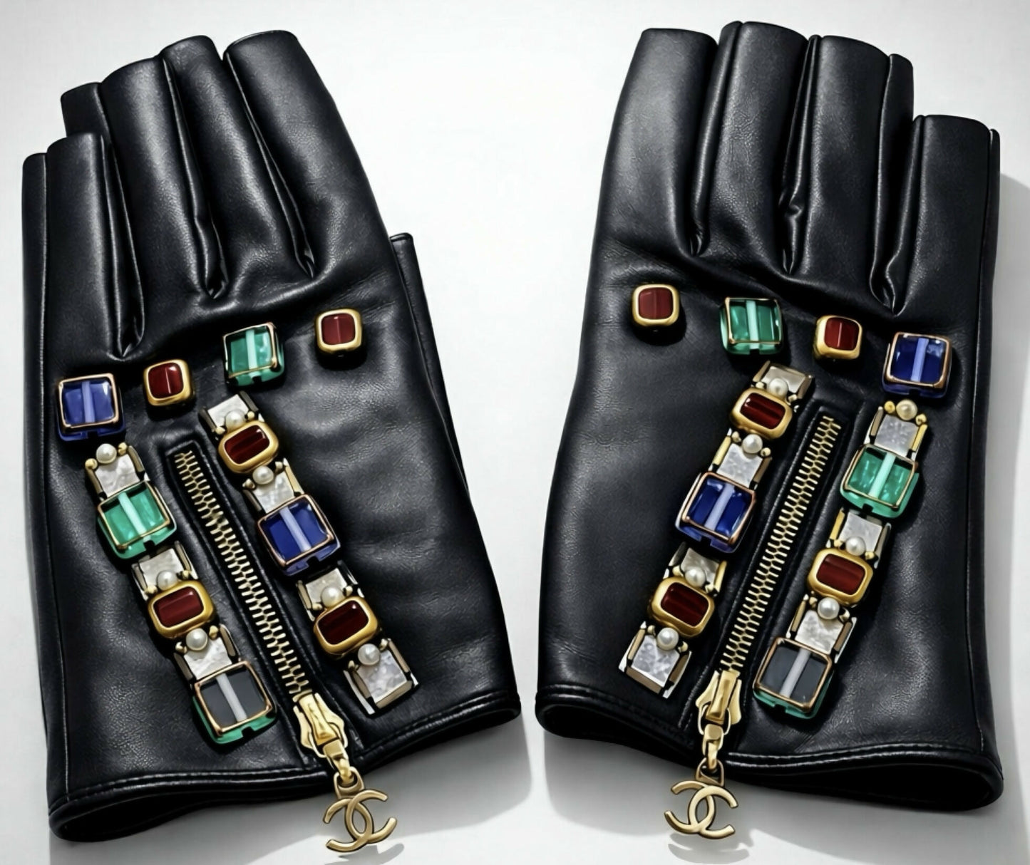 RARE Chanel 11A Paris Byzance Black Leather Jeweled Stone Gloves Size 7