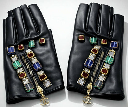 RARE Chanel 11A Paris Byzance Black Leather Jeweled Stone Gloves Size 7