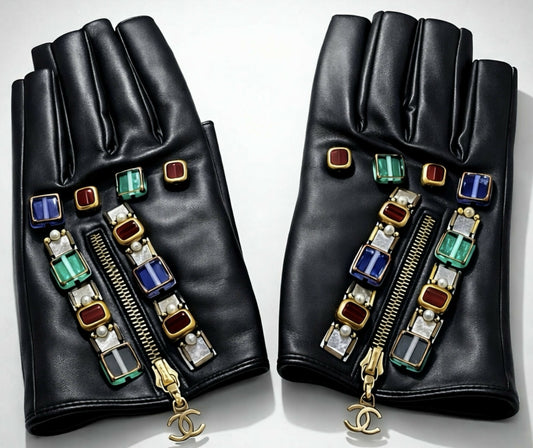 RARE Chanel 11A Paris Byzance Black Leather Jeweled Stone Gloves Size 7