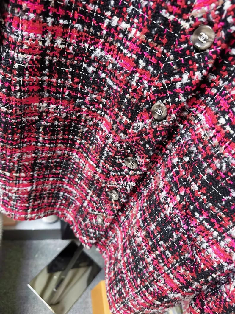 Chanel 24A Red and Black tweed Check Midi Coat Dress