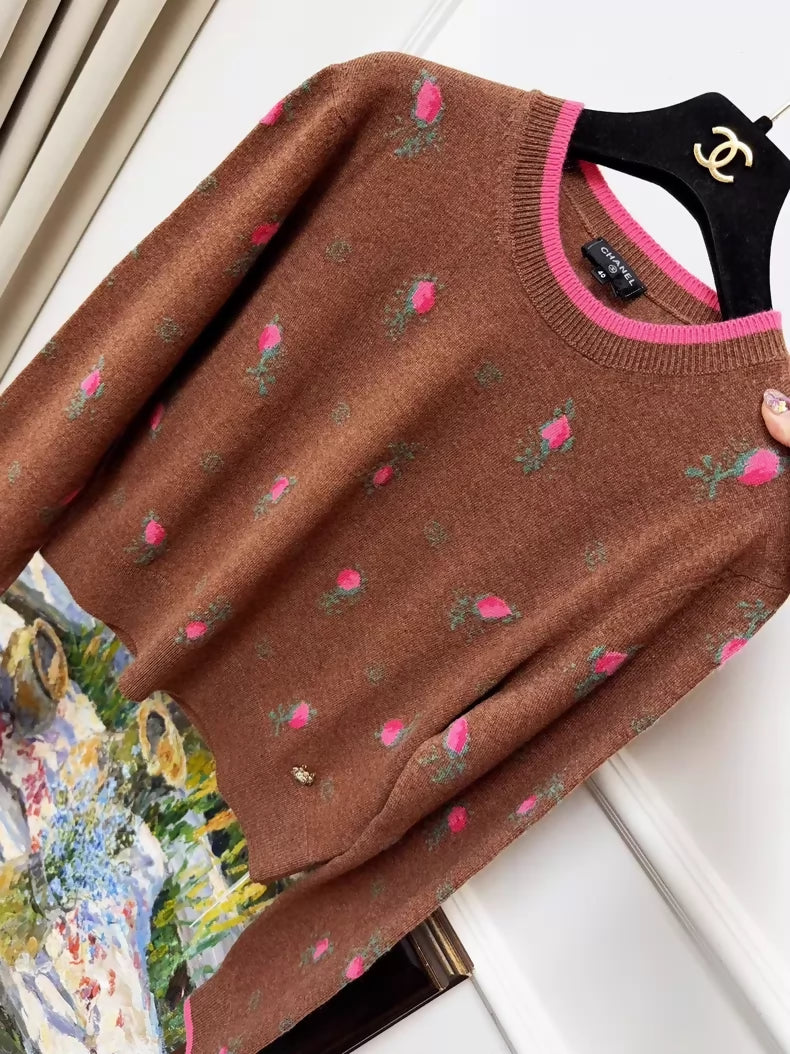 Chanel 22k Caramel Brown Floral Knit Sweater